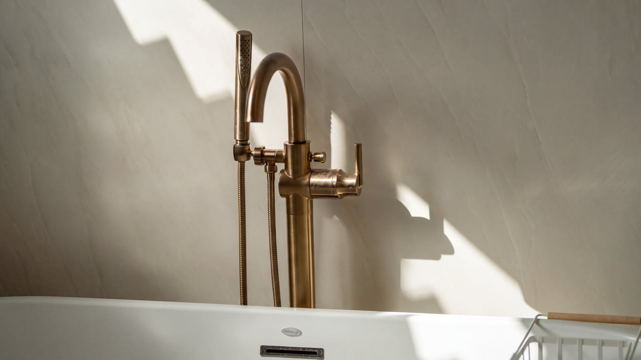 Brass-toned faucet beside the curved edge of a freestanding tub